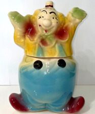 VTG Cookie Jar USA Bisque Pottery Happy Clown Blue Yellow Pink Green Hands JCS picture