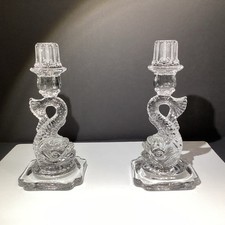 Rare VTG Cambridge 1612 clear glass dolphin Fish candlesticks picture