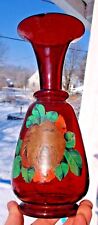NICE RUBY RED FLASHED VASE W/PAINTED FLOWERS PONTIL 1890'S DECORATIVE L@@K    picture