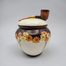 Antique Hand Painted Bavarian Porcelain Tobacco Humidor Jar With Pipe Handle picture