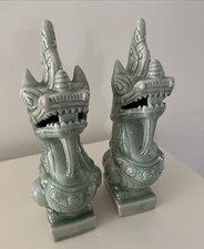 THAI CELADON DRAGONS JADE GREEN pair of Vintage Statues Siamese Art 12 Inches picture