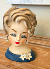 Vintage 1950s Ceramic Lady Head Vase Planter Figurine Hand Painted Blue Base picture
