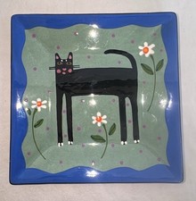 Vintage ‘04 Hand-Painted & Signed Sharon Bloom Black Cat Colorful Small Plate 6” picture
