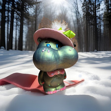 Green Hippo Figurine, Pink Hat w/ Feather Flowers Veil, 3D Effect picture