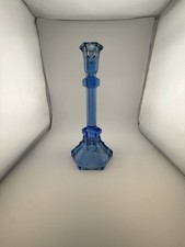 Vintage Cobalt Blue Glass Candlestick Holders: Art Deco Geometric Ribbed Design picture
