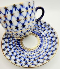 Vintage Lomonosov USSR Cobalt Blue Gold Net Demitasse Espresso Tea Cup & Saucer picture