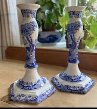 Vtg Spode Blue White Italian Ceramic Pastoral Hexagonal Candlestick Pair 9