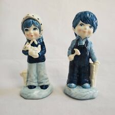 Farmer Boy Girl Kids MY Figurines Vintage Korea Asian Blue & White Kitschy picture