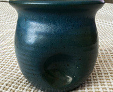 Vtg Samuel Calder Studio Pottery Thumbprint Vase Planter Signed Teal Blue MCM picture