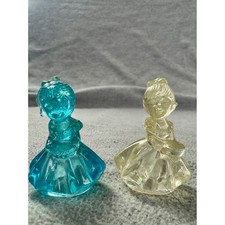 Vintage Miniature Plastic Girl Figurines Teal Blue Yellow 1.5 Inch Set of 2 picture