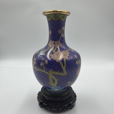 Pristine Vintage Chinese Cloisonne Vase Cobalt Blue Cherry Blossom Enamel 1970s picture