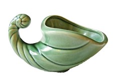VINTAGE GREEN CERAMIC CORNICOPIA HORN OF PLENTY PLANTER MID CENTURY  picture
