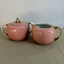 Antique RS Germany Porcelain Sugar Bowl & Creamer Set Blush Pink Gold Gilt Deco picture