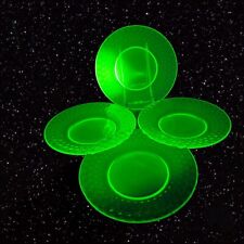 VTG IMPERIAL GLASS DIAMOND QUILTED GREEN URANIUM UV GLOW OPTIC PLATE DISH 4 Set picture