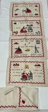 Vintage Mid Century Kitchen Placemats Napkins Set 8 Printed Cross Stitch Teapot picture