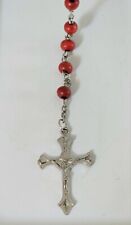 Rosary Red Tone Engraved Faux Wood Beads Silver Tone Crucifix Cross Virgin Mary picture