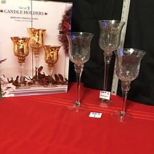 3 Mercury Crackle Glass Hurricane Candle Holders Graduated Stemmed   Embossed picture