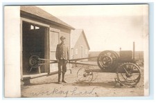 1916 RPPC Young Man & Vintage Farm Tractor Engine 