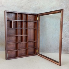 Vintage Wood Wall Display Cabinet | Glass Door Curio Shadow Box, 22 Compartment picture