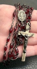 VTG Sterling Silver HMH Maker Rosary Red Faceted Glass Beads Cross Crucifix 28” picture