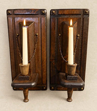 Vintage Wood Wall Candle Sconces w/ wood Cups & Metal Chain, Wall Mounted, Brown picture