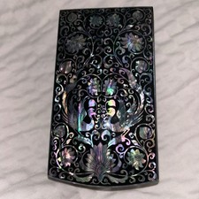 Black Lacquered Rectangular Trinket Box w/ Hinged Lid Mother-of-Pearl Inlay picture