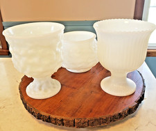 Vtg E.O. Brody Milk Glass Planter Vase Lot of 3 MCM Crinkle Ribbed Pedestal Set picture
