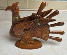 Large Vintage Carved Mahogany PEACOCK Turkey Carving Set Knife Fork 1950’s picture