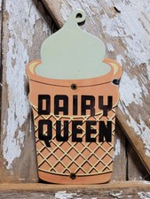 VINTAGE DAIRY QUEEN PORCELAIN SIGN OLD ICE CREAM MILKSHAKE DESSERT CONE DIECUT  picture