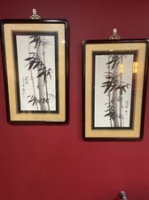 SALE Vintage Korean Black & White Bamboo Paintings, Asian Art. picture