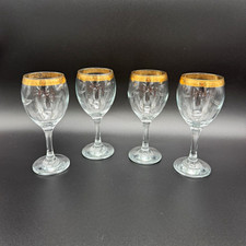 Set of 4 Clear Gold Rim Wine Glasses Etched Floral Stemmed Goblets 7.25