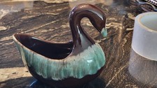 Vintage  Ceramic Swan Figurine, Brown & Blue Drip Glaze Decorative Pottery  picture