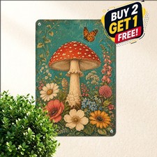 Forest Wild Mushrooms Floral Garden Butterfly Cottagecore Metal Tin Sign picture