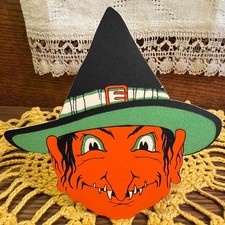 MINT RARE Antique Vintage Halloween Witch Face Diecut Decoration, Gibson Art 30s picture