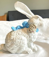Vintage Ceramic Easter Bunny Rabbit Figurine White Blue Ribbon Rose Made Taiwan picture
