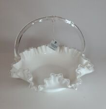 Fenton Art Glass Silver Crested Ruffle Edge Basket Handle White Milk Glass 12
