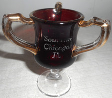 Ruby Red Flash 3 Handled Loving Cup Souvenir Chicago Ill Toothpick Holder READ picture