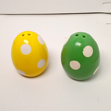 Ceramic Egg Salt and Pepper Shakers Set Yellow Green Polka Dot Easter Vintage picture