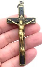 Antique Brass & Ebony Wood Crucifix Pendant Black/Gold 3.25” Catholic picture