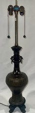 VTG Mid Century MARBRO Lamp Asian Relief Cast Bronze Brass Wood Table Lamp -32”H picture
