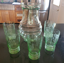 Vintage Uranium Vaseline Glass Lemonade Set Pitcher & 5 Etched 10 oz Glasses picture
