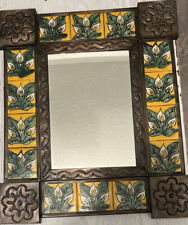 vintage Mexico Talavera tile punched tin mirror calla lilies yellow green 12.5 picture