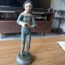 Antique Italian Spanish Colonial Carved Wood Santos Statue 12” Glass Eyes Figure picture