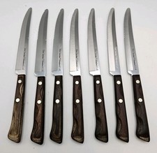 VTG Flint Arrowhead Stainless Vanadium 7 Pc Wood Handle Knife Set Cursive Etchin picture
