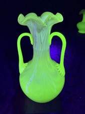 Antique Victorian Uranium Opalescent Pink Double Handle Glass Vase 1890s GLOW picture
