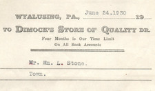 1930 WYALUSING PA DIMOCK'S STORE OF QUALITY PUR CHAIRS INVOICE BILLHEAD Z7750 picture