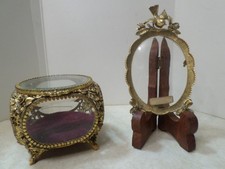 VTG Matson 24kt Gold Plated Ormolu Beveled Glass Trinket Box & Frame picture