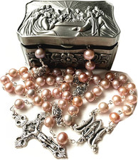 Catholic 8mm Real Pearl Rosary Necklace with Silver Rose Beads & Box picture