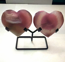 Pair Heart-Shaped Purple Crystal/Stone Slices Display Specimens on Metal Stand picture