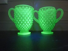 Vtg FENTON Opalescent Hobnail Sugar Bowl & Cream Uranium Vaseline Glass Glow picture
